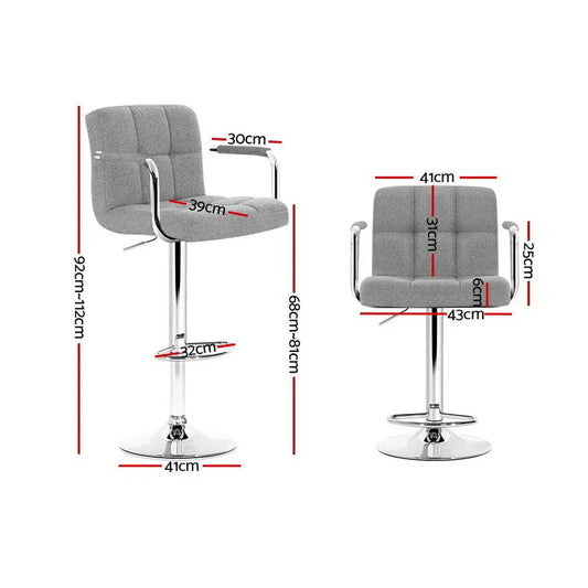 Artiss 2x Bar Stools Fabric Gas Lift w/Armrest Grey - Mekamart Australia