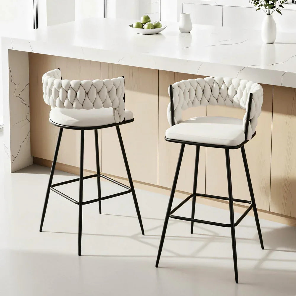 Artiss 2x Bar Stools Kitchen Dining Chair Counter Stool Woven Velvet Metal Ivory - Mekamart Australia