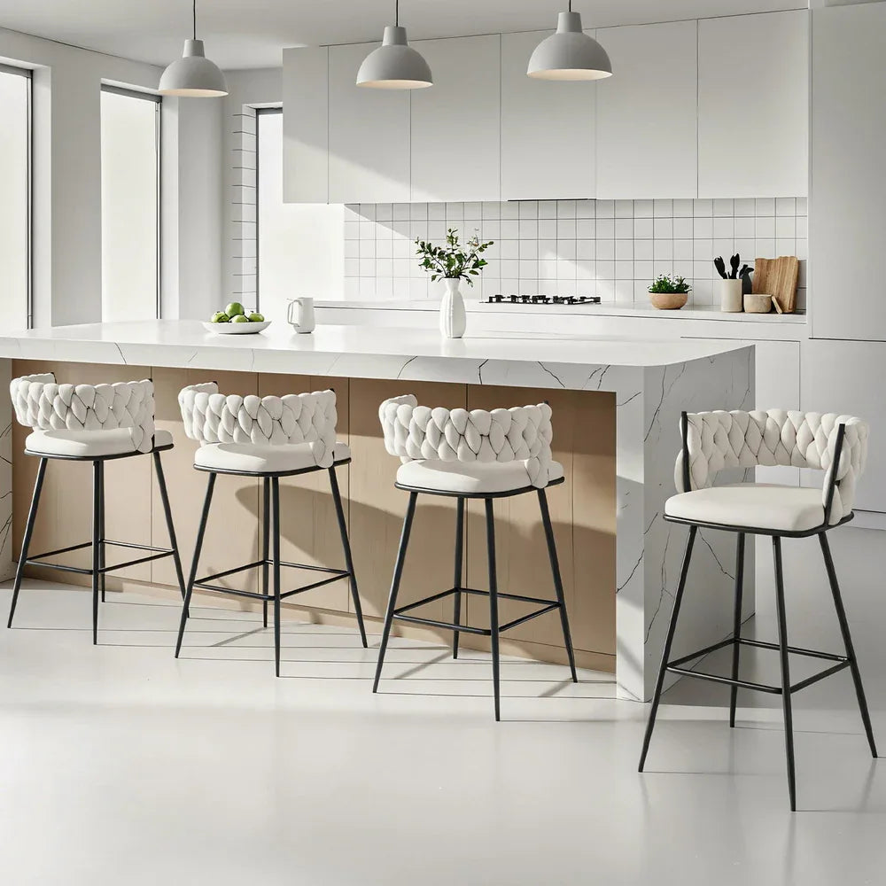 Artiss 4x Bar Stools Kitchen Dining Chair Counter Stool Woven Velvet Metal Ivory - Mekamart Australia