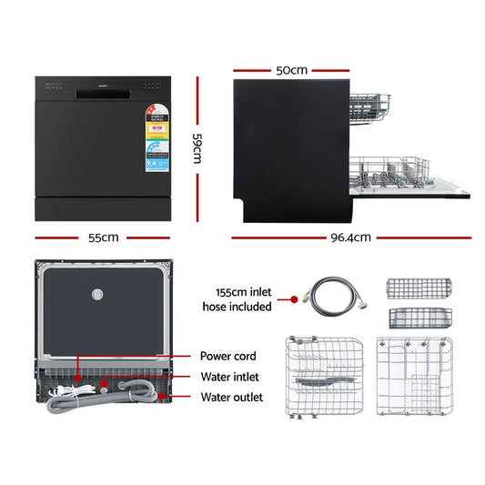 Devanti 8 Place Settings Benchtop Dishwasher Black - Mekamart Australia