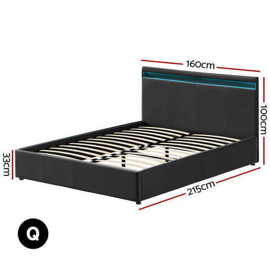 Artiss Bed Frame Queen Size LED Gas Lift Black COLE - Mekamart Australia