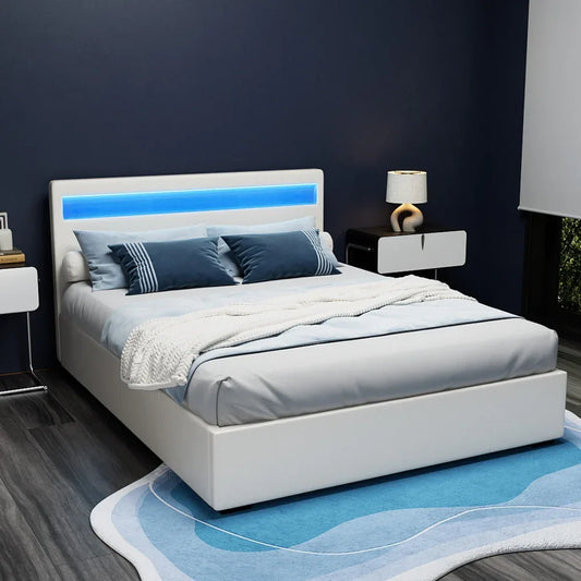 Artiss Bed Frame Queen Size LED Gas Lift White COLE - Mekamart Australia