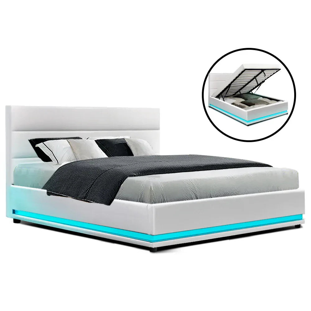 Artiss Bed Frame Double Size LED Gas Lift White LUMI - Mekamart Australia