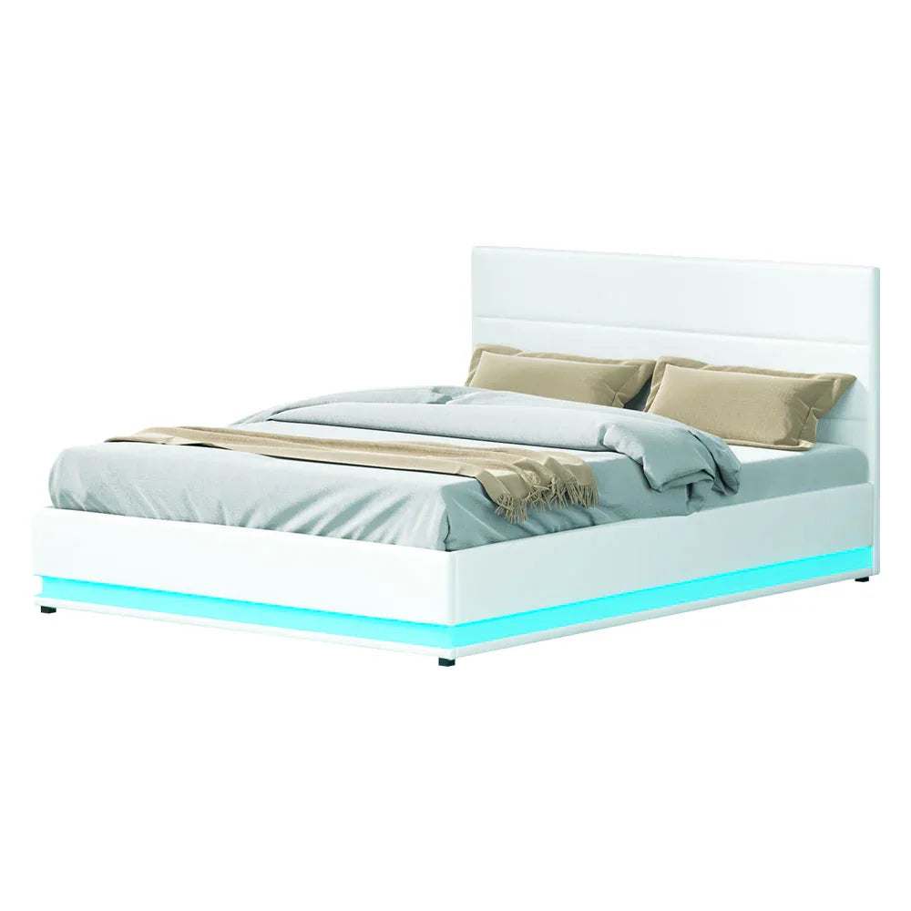 Artiss Bed Frame Queen Size LED Gas Lift White LUMI - Mekamart Australia