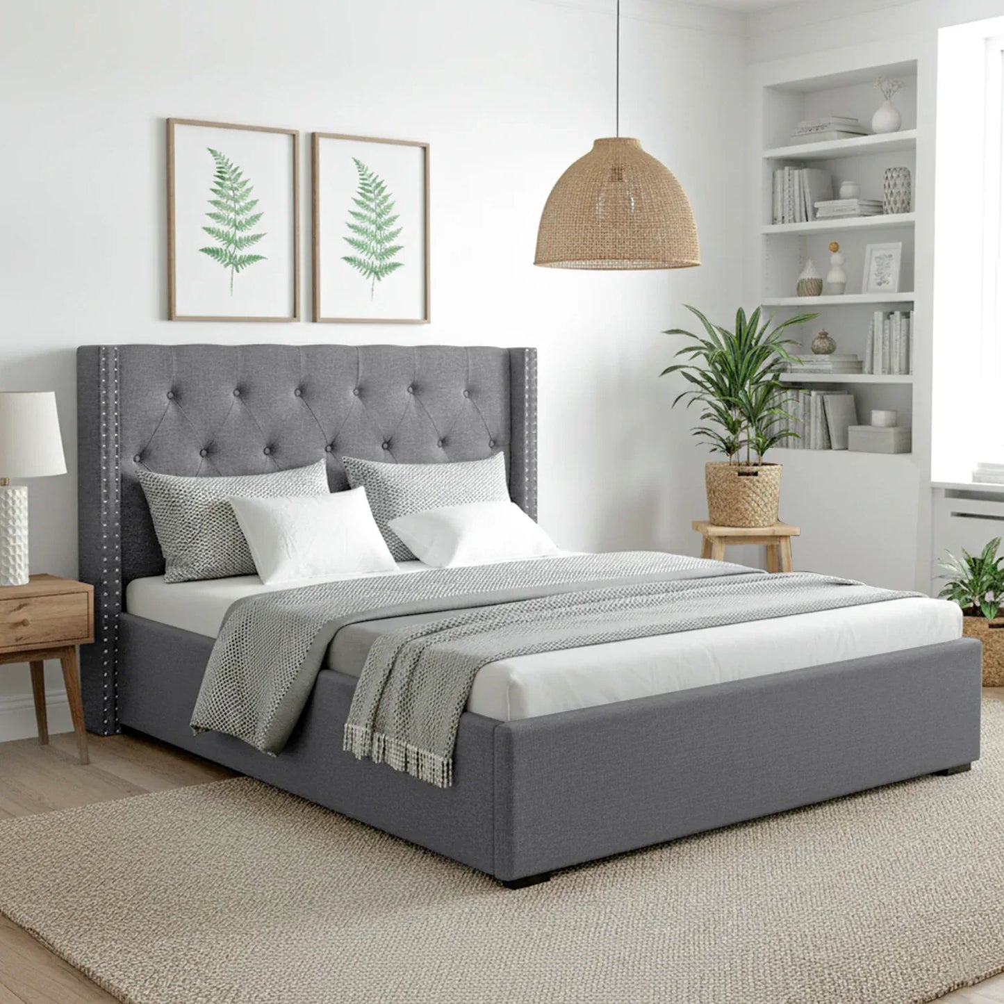 Artiss Queen Bed Frame Storage Tufted Headboard Gas Lift Base Grey - Mekamart Australia