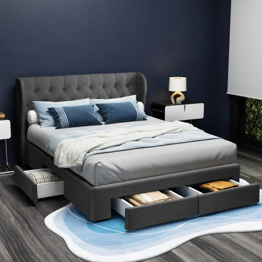 Artiss Bed Frame Queen Size with 4 Drawers Charcoal MILA - Mekamart Australia