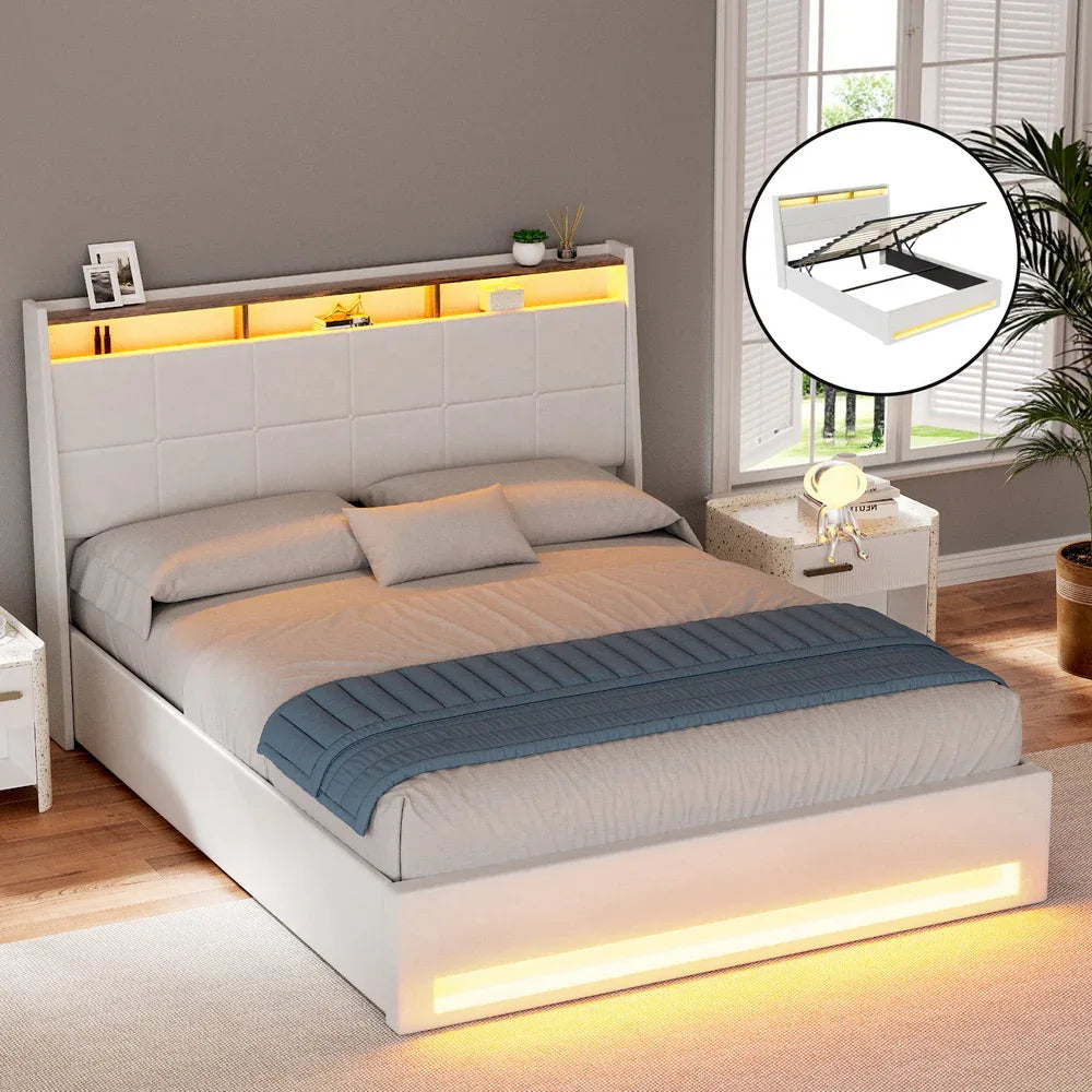 Artiss Bed Frame Gas Lift LED Beds Base Platform White PVC Leather Storage Headboard - Queen - Mekamart Australia