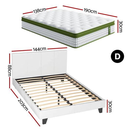 Artiss Double Bed Frame Platform White PVC Leather Hybrid Mattress Modern - Mekamart Australia