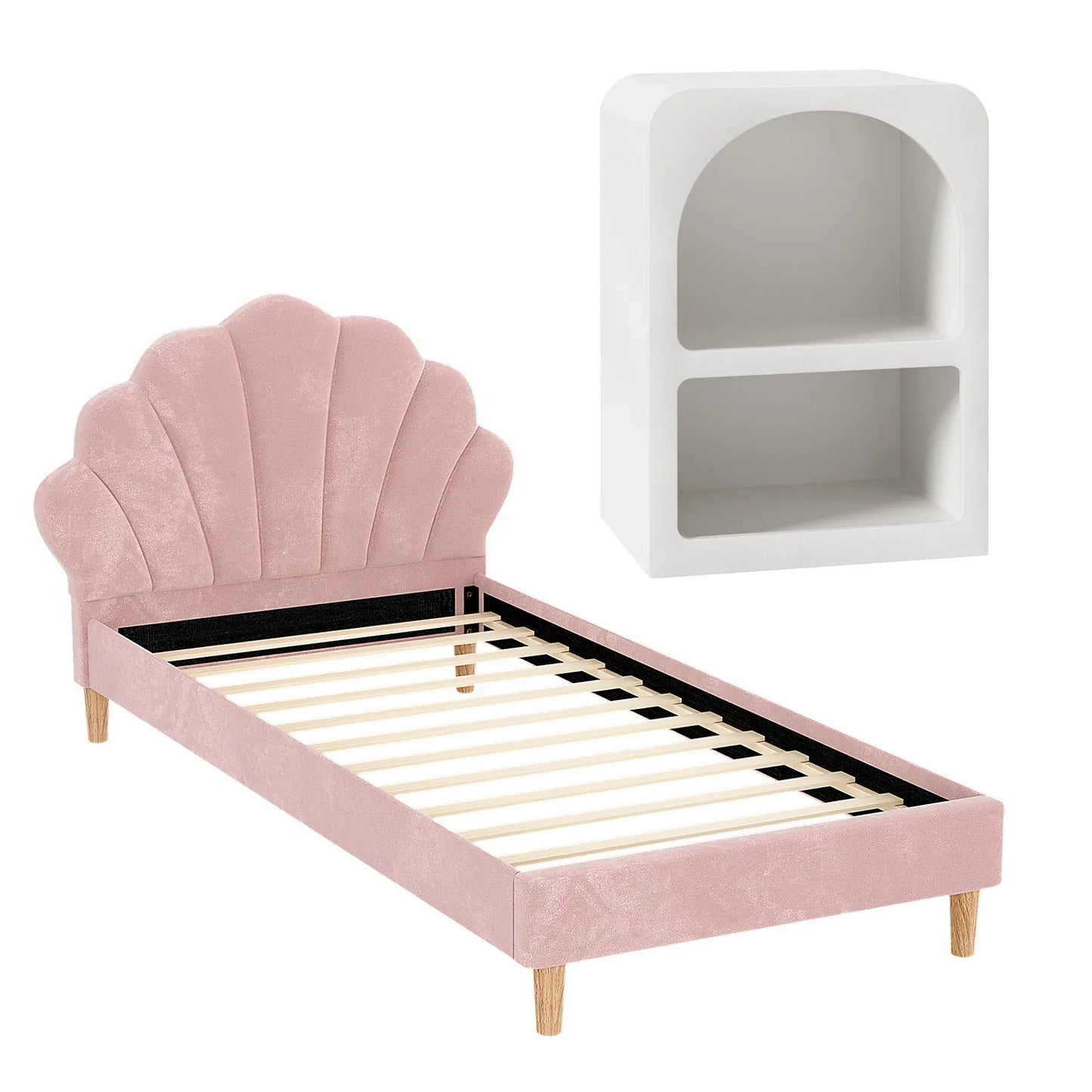 Artiss Bed Frame King Single with Bedside Table Set Scallop Headboard Pink Velvet Fabric Beds Base - Mekamart Australia