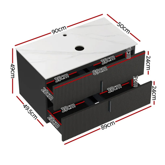 Cefito Vanity Unit 900mm Bathroom Cabinet Storage Wall Hung Black Timber Front - Mekamart Australia