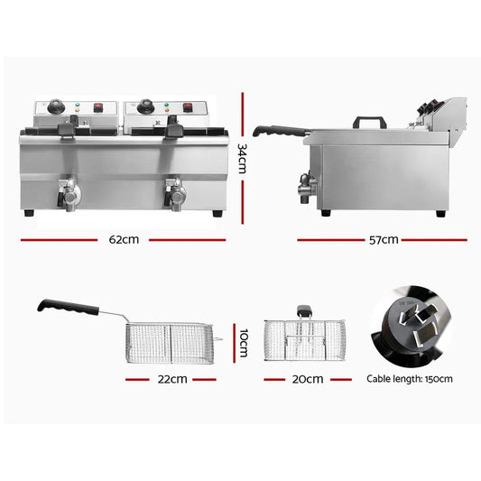 Devanti 20L Electric Commercial Deep Fryer Double Baskets Oil Taps 6000W - Mekamart Australia