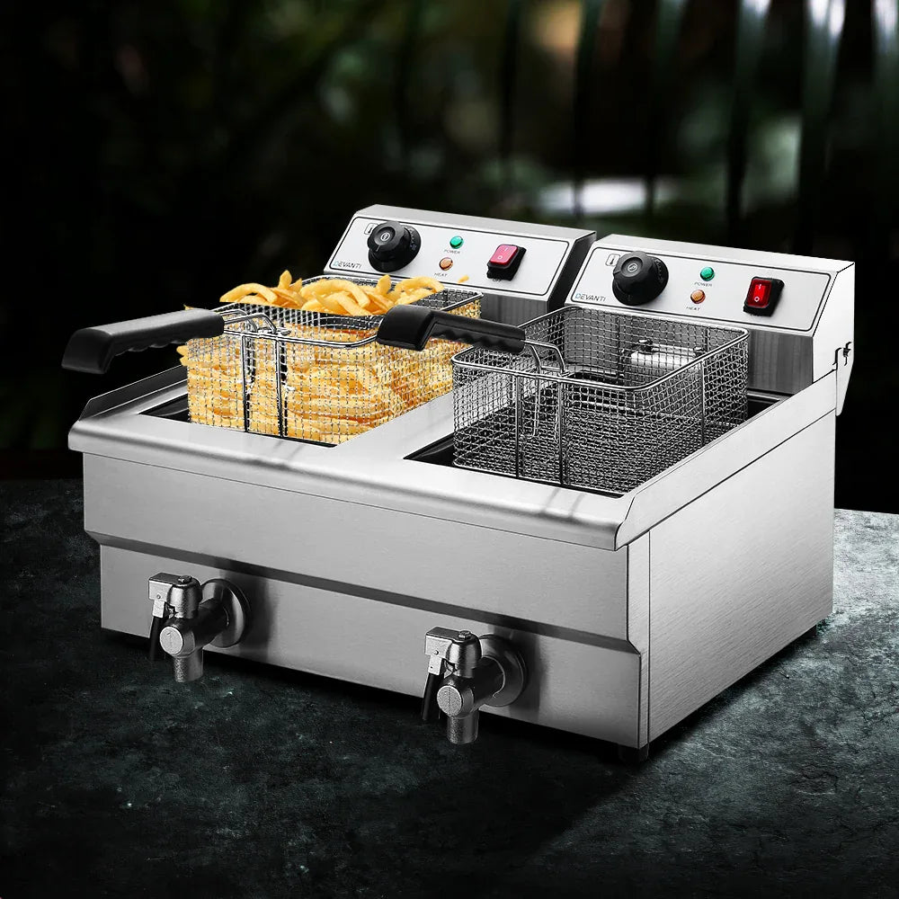 Devanti 20L Electric Commercial Deep Fryer Double Baskets Oil Taps 6000W - Mekamart Australia