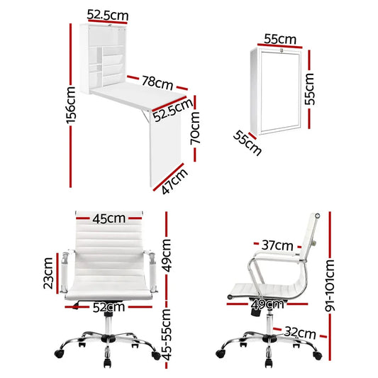 Artiss Computer Desk Office Chair Set PU Leather Wall Mount Foldable Table White - Mekamart Australia