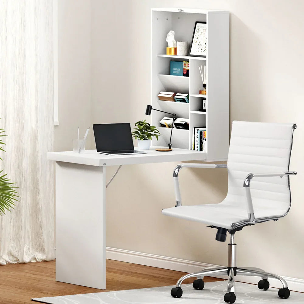 Artiss Computer Desk Office Chair Set PU Leather Wall Mount Foldable Table White - Mekamart Australia