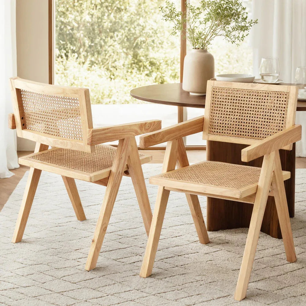Artiss 2x Dining Chairs Wooden Rattan Seat Rubber Wood Frame - Mekamart Australia