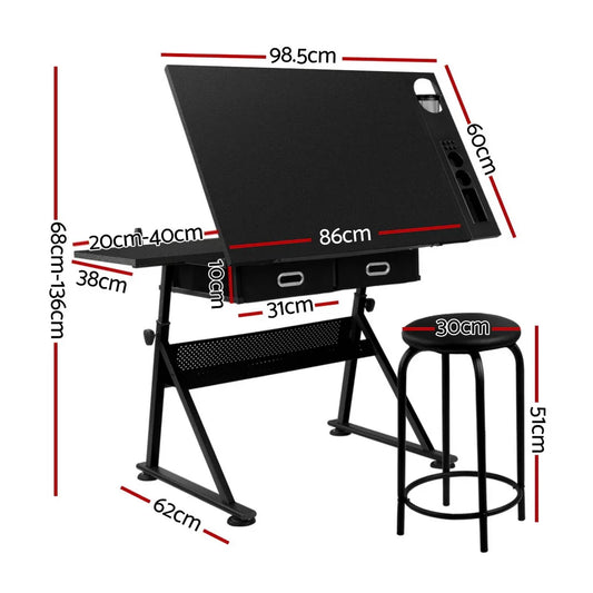Artiss Drawing Desk Stool Set Drafting Table Adjustable Angle Tilt Drawers Black - Mekamart Australia
