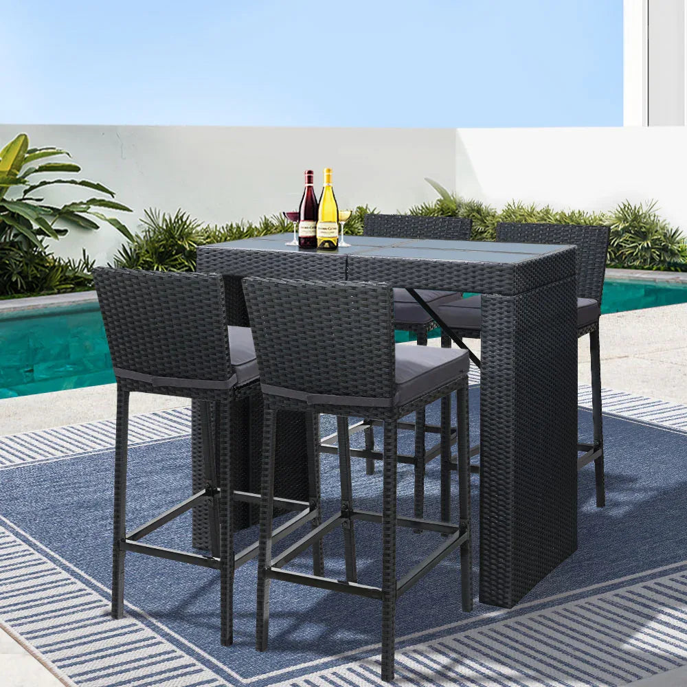 Gardeon 5-Piece Outdoor Bar Set Dining Table Stools Wicker Patio Setting - Mekamart Australia
