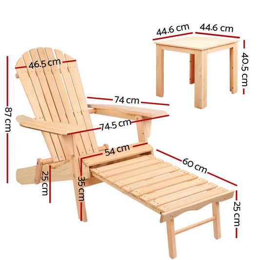 Gardeon 3PC Adirondack Outdoor Table and Chairs? Wooden Sun Lounge Beach Patio Natural - Mekamart Australia