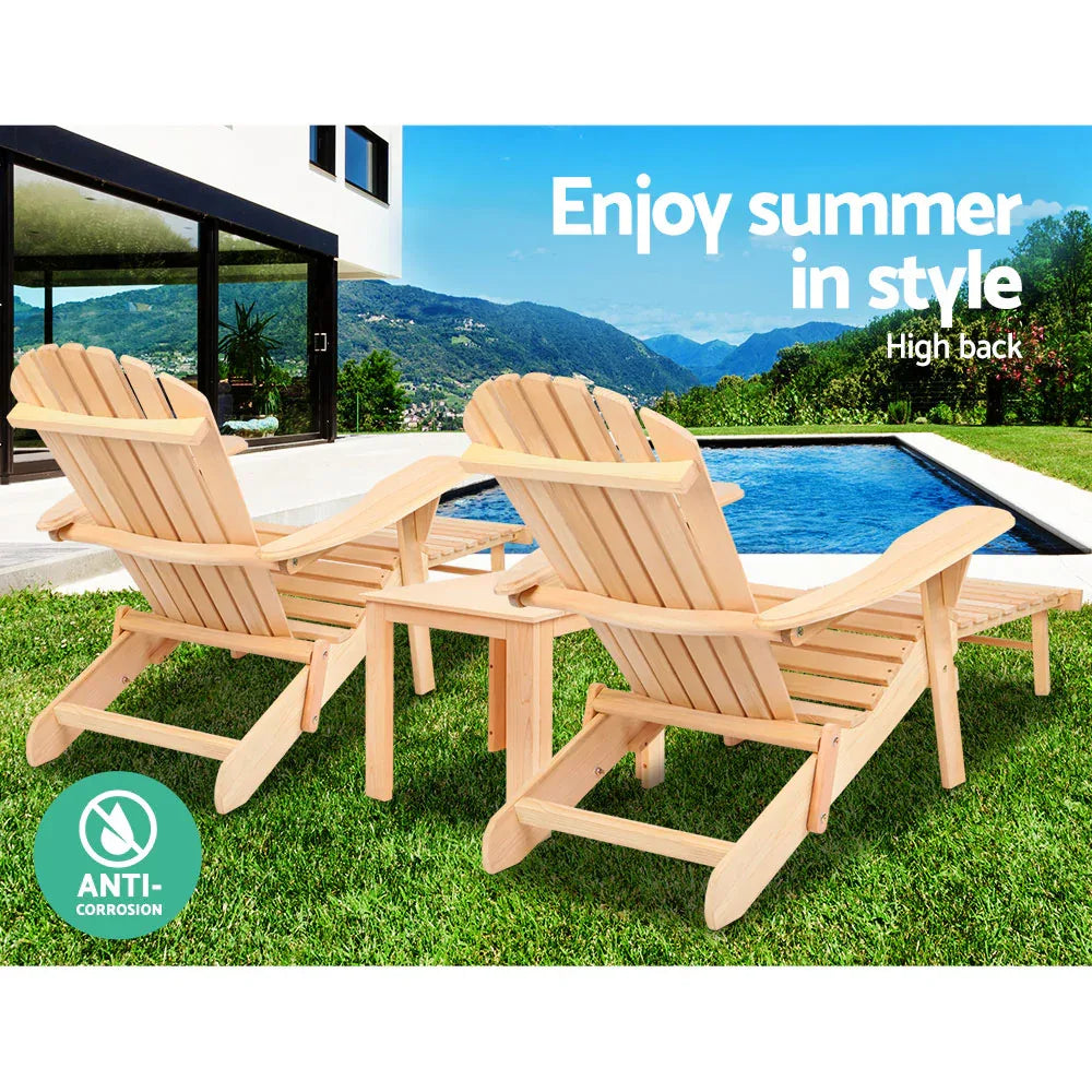 Gardeon 3PC Adirondack Outdoor Table and Chairs? Wooden Sun Lounge Beach Patio Natural - Mekamart Australia