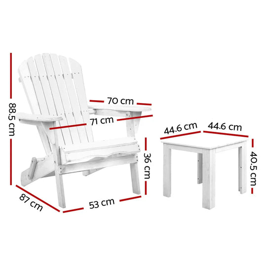 Gardeon 3PC Adirondack Outdoor Table and Chairs Wooden Foldable Beach Chair White - Mekamart Australia