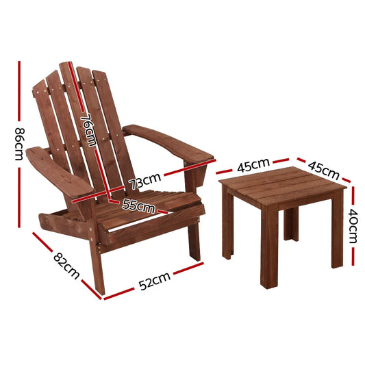 Gardeon 3PC Adirondack Outdoor Table and Chairs Wooden Beach Chair Brown - Mekamart Australia