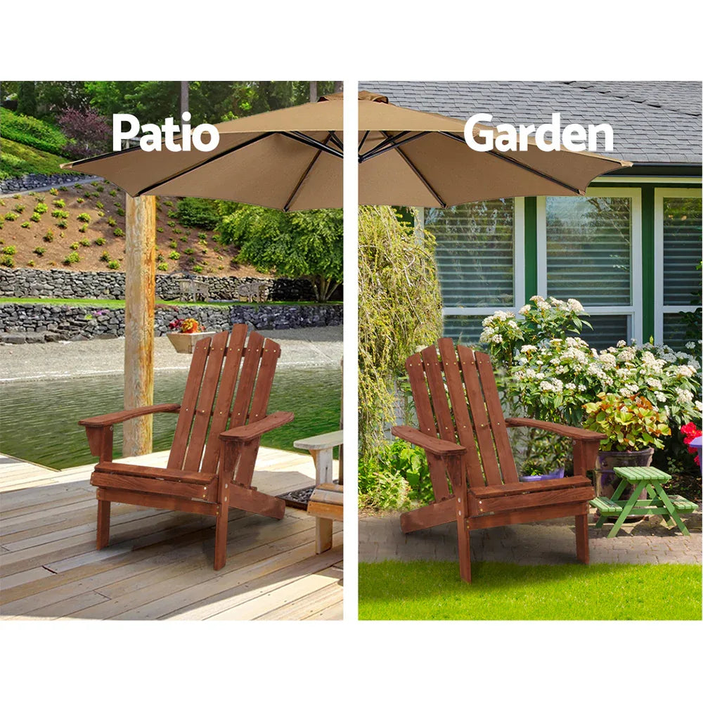 Gardeon 3PC Adirondack Outdoor Table and Chairs Wooden Beach Chair Brown - Mekamart Australia