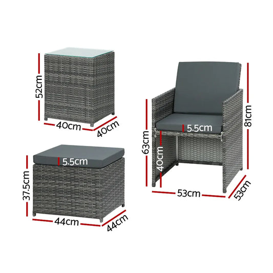 Gardeon 5PC Bistro Set Wicker Table and Chairs Ottoman Outdoor Furniture Grey - Mekamart Australia