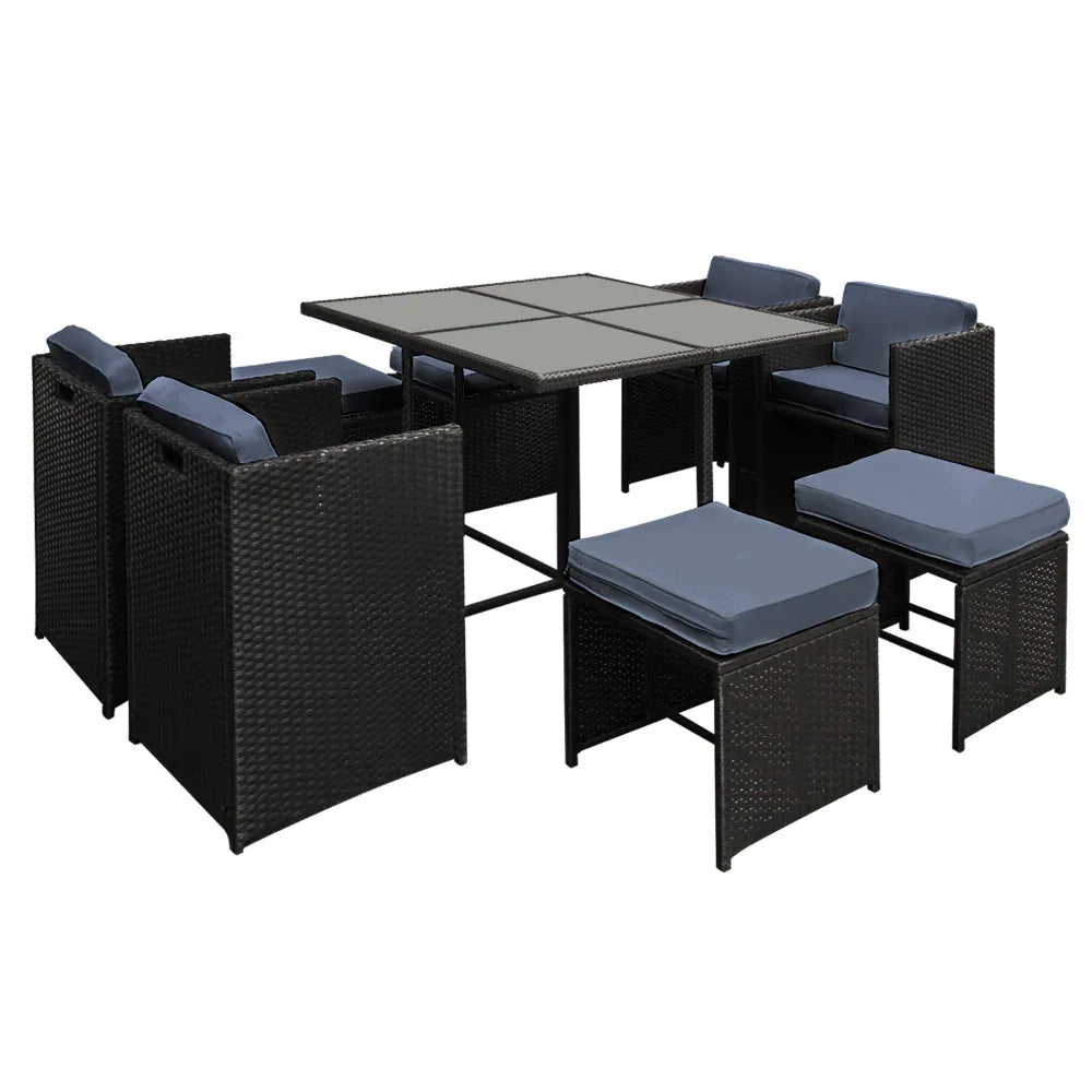 Gardeon Outdoor Dining Set 9 Piece Wicker Table Chairs Setting Black - Mekamart Australia
