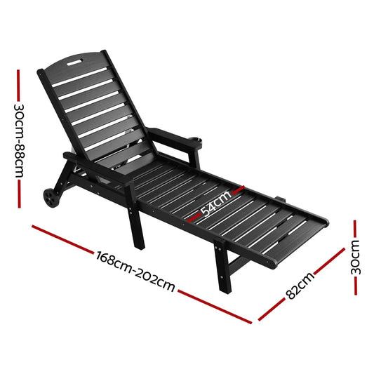 Gardeon Sun Lounge Lounger Beach Chair HDPE Patio Outdoor Furniture with Wheels Black - Mekamart Australia