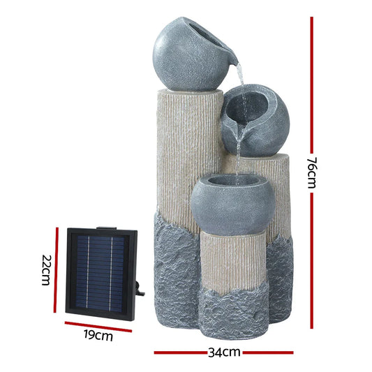 Gardeon Solar Water Feature Cascading Fountain 3-Tier Pot LED Lights 76CM Grey - Mekamart Australia