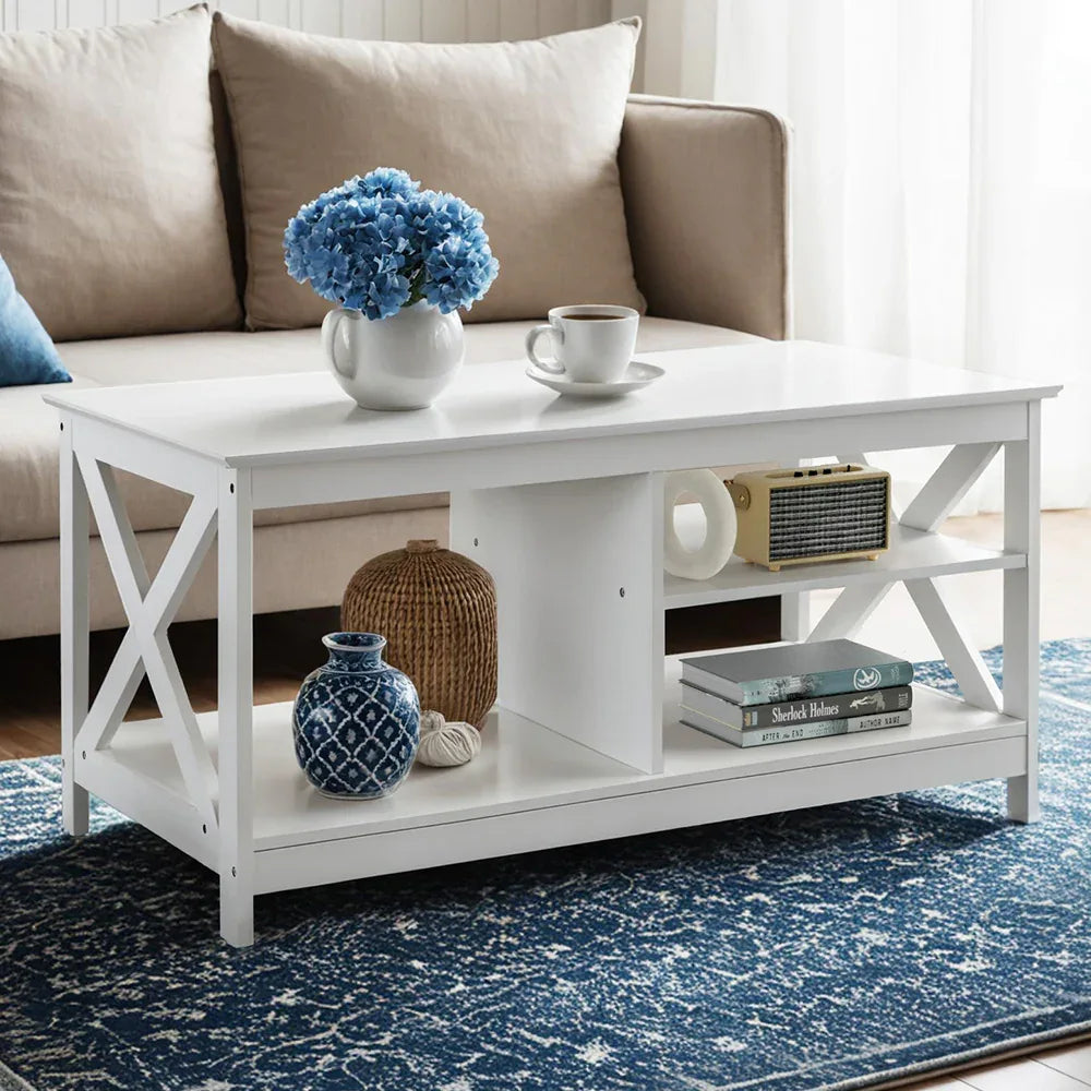 Artiss Coffee Table Storage Shelf White - Mekamart Australia