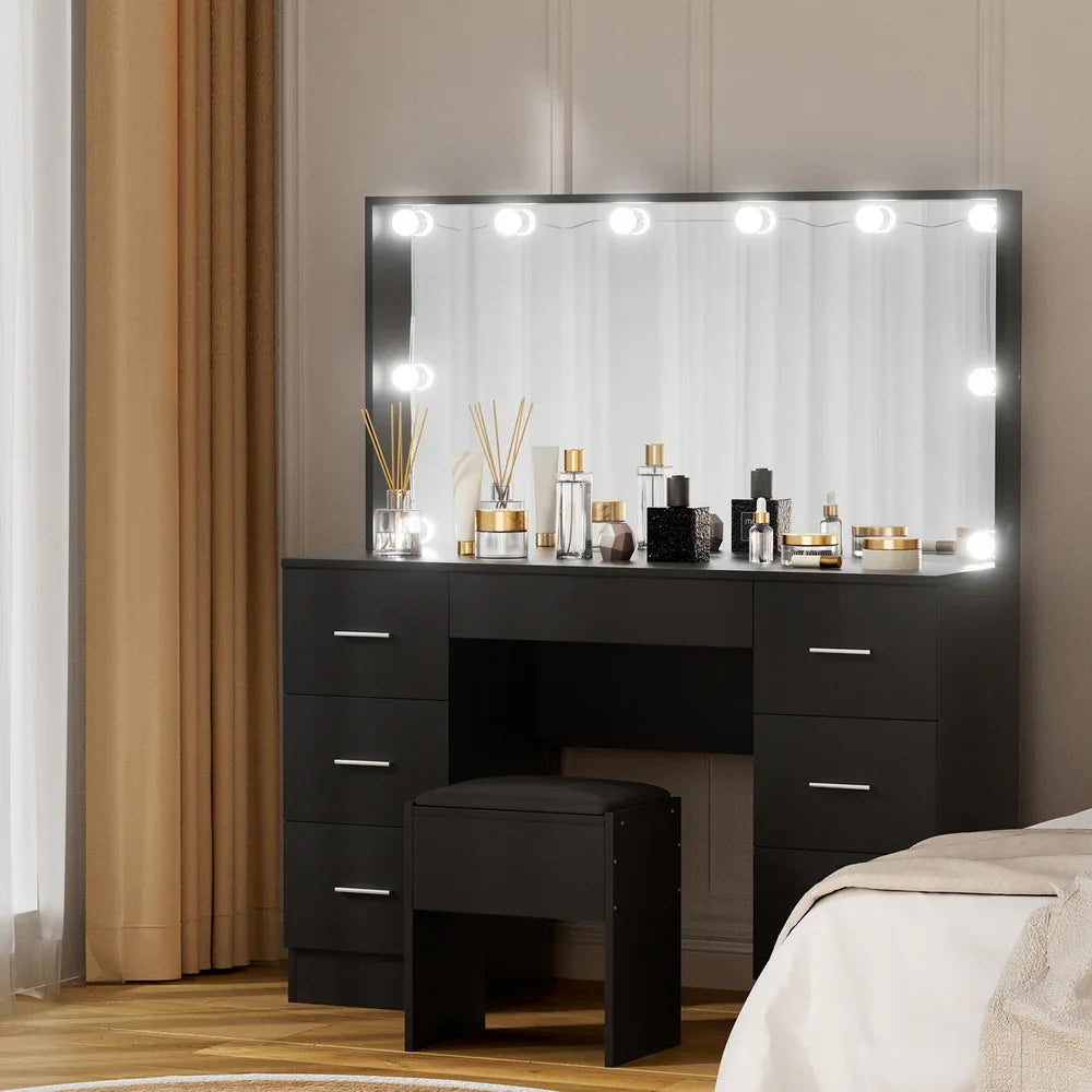 Artiss Dressing Table Vanity Desk Set Stool 10 Led Bulbs Black - Mekamart Australia