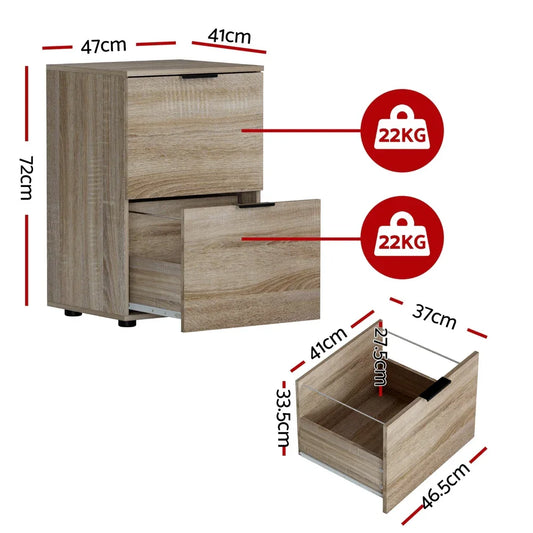 Artiss Filing Cabinet Files Storage Office Shelves File Organiser Oak 2 Drawer - Mekamart Australia