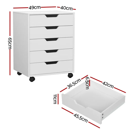 Artiss 5-Drawer Filing Cabinet Mobile Rolling Storage Cabinet Chest of Drawers Stand White - Mekamart Australia