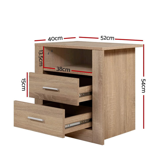 Artiss 2X Bedside Table 2 Drawers with Shelf - TARA Oak - Mekamart Australia