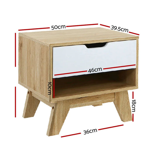 Artiss Bedside Table 1 Drawer with Shelf - IKER White & Oak - Mekamart Australia
