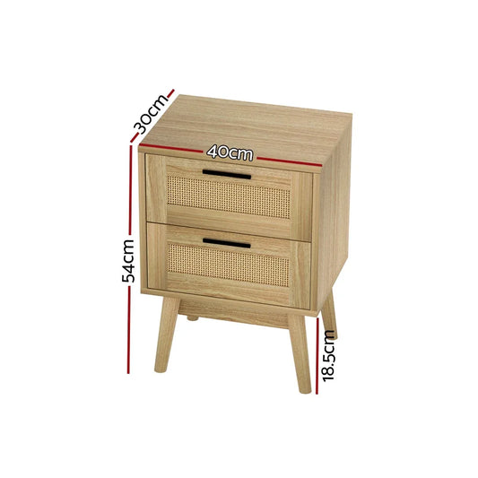 Artiss Rattan Bedside Table 2 Drawers Wood - RIE Oak - Mekamart Australia