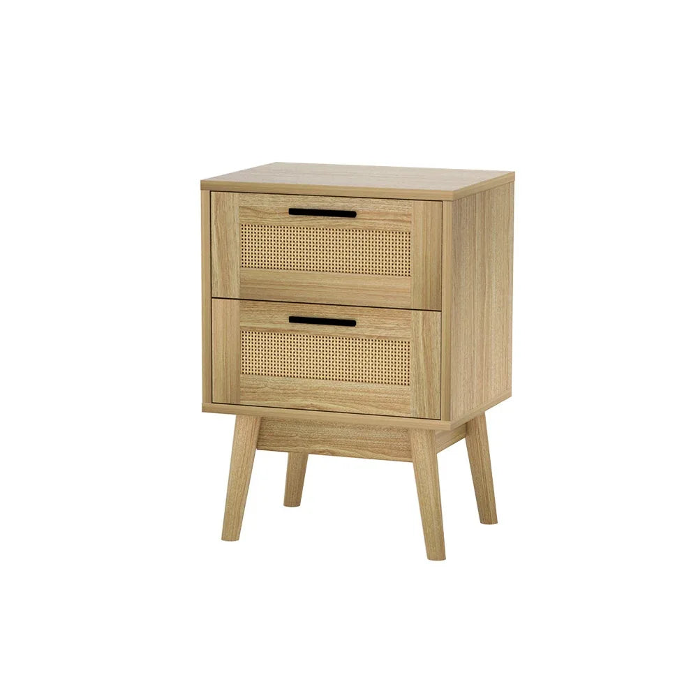 Artiss Rattan Bedside Table 2 Drawers Wood - RIE Oak - Mekamart Australia