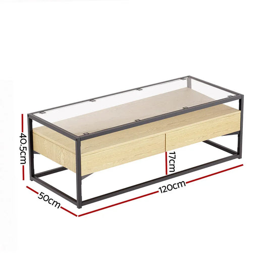 Artiss Coffee Table 2 Drawers Glass Tabletop Pine - Mekamart Australia
