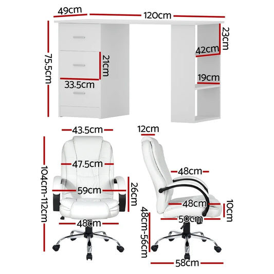 Artiss Computer Desk 120cm Executive Office Chair Set PU Leather High Back White - Mekamart Australia