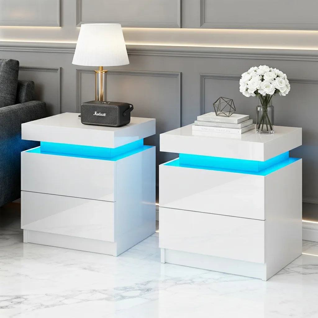 Artiss 2X Bedside Table LED 2 Drawers Lift-up Storage - COLEY White - Mekamart Australia