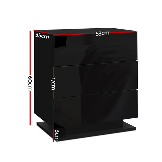 Artiss Bedside Table LED 3 Drawers - MORI Black - Mekamart Australia