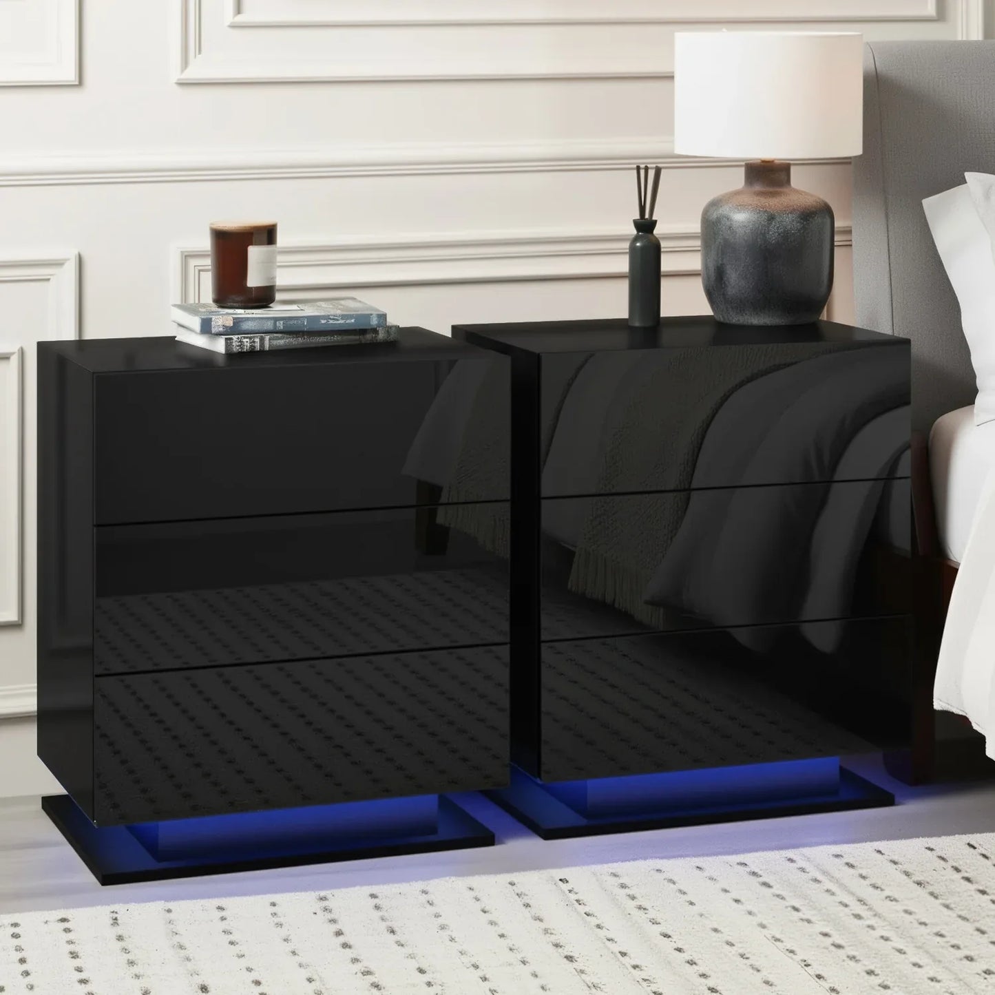 Artiss 2x Bedside Table LED 3 Drawers - MORI Black - Mekamart Australia
