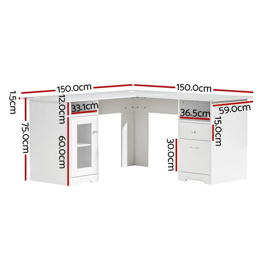 Artiss Computer Desk Shelf Cabinet L-Shape White 150CM - Mekamart Australia