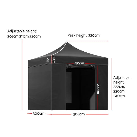 Instahut Gazebo Pop Up Marquee 3x3m Folding Tent Wedding Gazebos 500D Black - Mekamart Australia