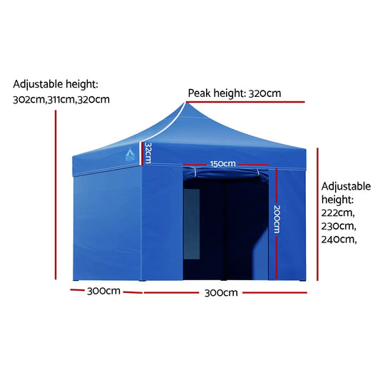 Instahut Gazebo Pop Up Marquee 3x3 Folding Tent Wedding Gazebos 500D Oxford Blue - Mekamart Australia