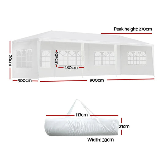 Instahut Gazebo 3x9m Marquee Wedding Party Tent Outdoor Camping Side Wall Canopy 5 Panel White - Mekamart Australia