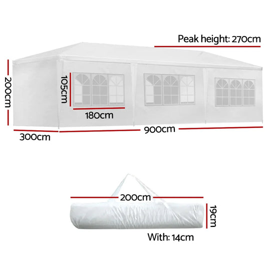 Instahut Gazebo 3x9m Marquee Wedding Party Tent Outdoor Camping Side Wall Canopy 8 Panel White - Mekamart Australia