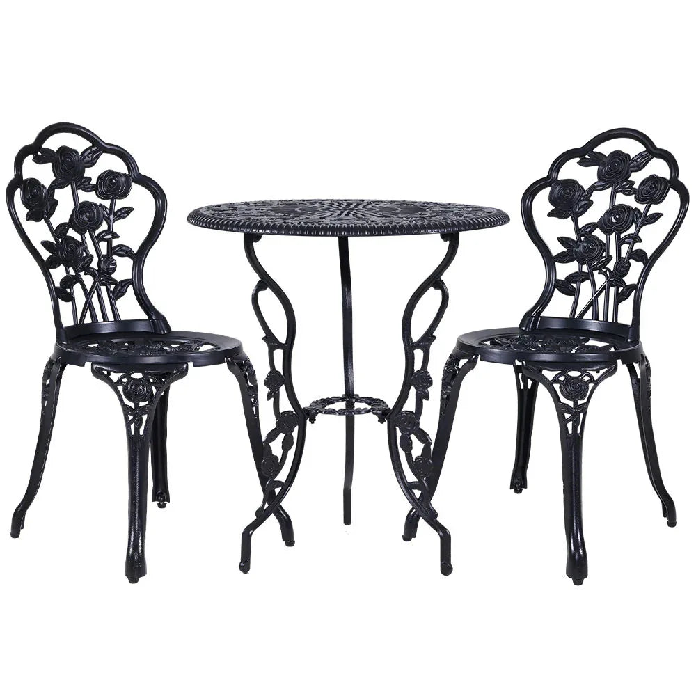 Gardeon 3PC Outdoor Setting Bistro Set Chairs Table Cast Aluminum Rose Black