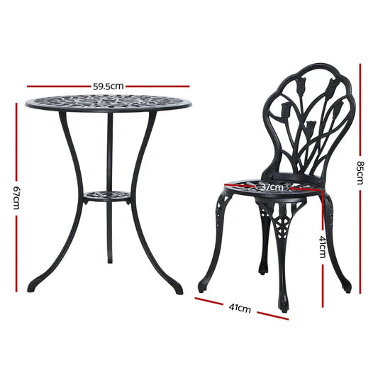Gardeon 3PC Outdoor Setting Bistro Set Chairs Table Cast Aluminum Patio Furniture Tulip Black - Mekamart Australia